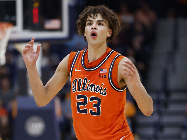 NASHVILLE, TENNESSEE - DECEMBER 06: Keaton Wagler #23 of the Illinois Fighting Illini looks on during the second half of the Music City Madness game against the Tennessee Volunteers at Bridgestone Arena on December 06, 2025 in Nashville, Tennessee.