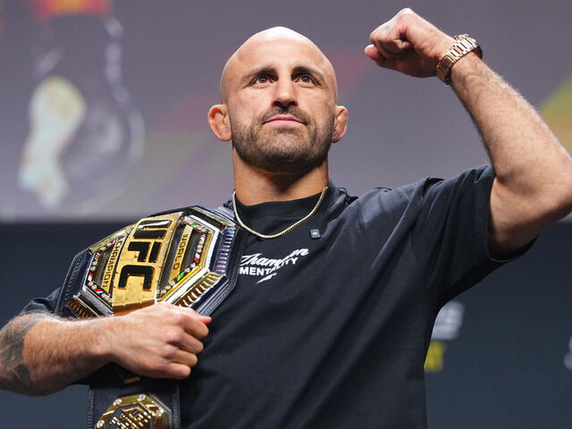 LAS VEGAS, NEVADA - DECEMBER 05: Alexander Volkanovski is seen on stage during the UFC It's On Seasonal Press Conference at T-Mobile Arena on December 05, 2025 in Las Vegas, Nevada.