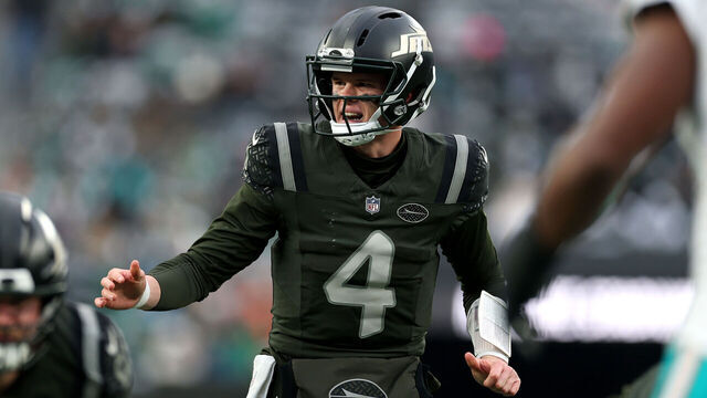 EAST RUTHERFORD, NEW JERSEY - DECEMBER 07: Brady Cook #4 of the New York Jets looks on during the NFL 2025 game against the Miami Dolphins at MetLife Stadium on December 07, 2025 in East Rutherford, New Jersey.""