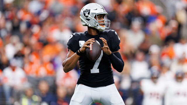 LAS VEGAS, NEVADA - DECEMBER 7: Geno Smith #7 of the Las Vegas Raiders drops back to pass during the first quarter of an NFL football game against the Denver Broncos at Allegiant Stadium on December 07, 2025 in Las Vegas, Nevada.