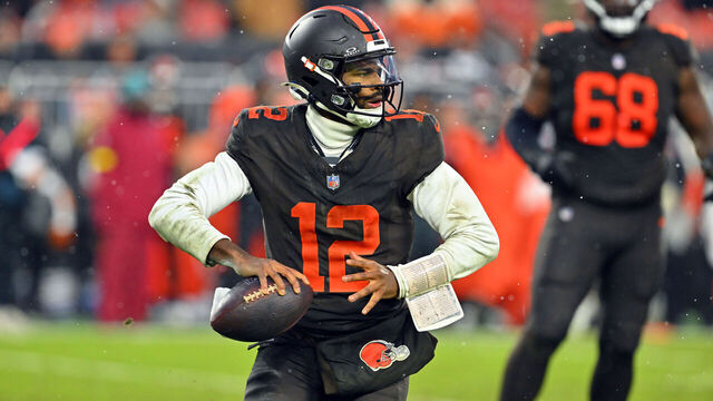CLEVELAND, OHIO - DECEMBER 07: Quarterback Shedeur Sanders #12 of the Cleveland Browns passes during the fourth quarter against the Tennessee Titans at Huntington Bank Field on December 07, 2025 in Cleveland, Ohio. The Titans defeated the Browns 31-29.
