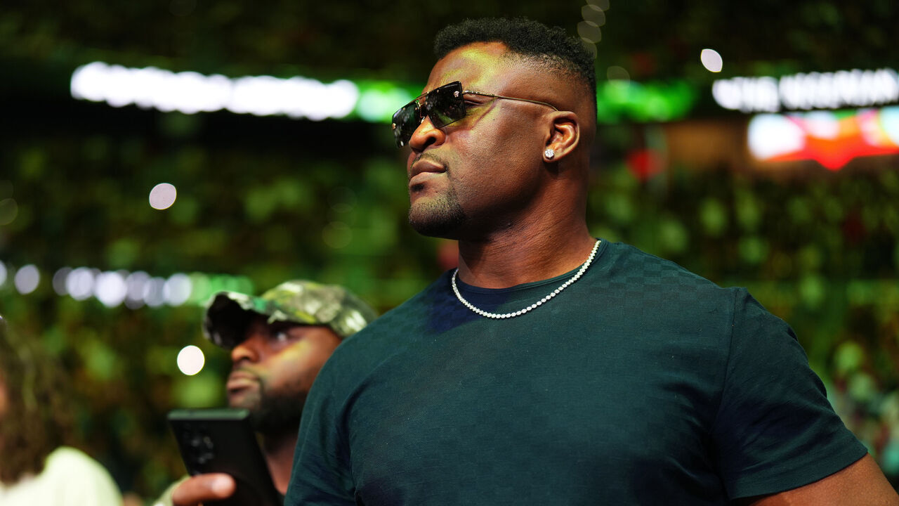 ATLANTA, GEORGIA - JUNE 14: Francis Ngannou is seen in attendance in support of Kamaru Usman of Nigeria before facing Joaquin Buckley in a welterweight bout during the UFC Fight Night event at State Farm Arena on June 14, 2025 in Atlanta, Georgia.