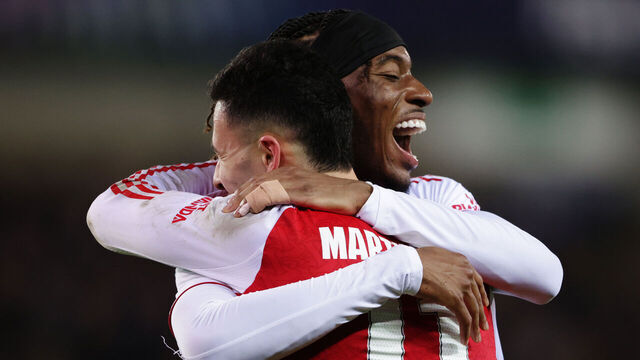 BRUGGE, BELGIUM - DECEMBER 10: Gabriel Martinelli of Arsenal FC celebrates 0-3 with Noni Madueke of Arsenal FC during the UEFA Champions League match between Club Brugge v Arsenal at the Jan Breydel Stadium on December 10, 2025 in Brugge Belgium