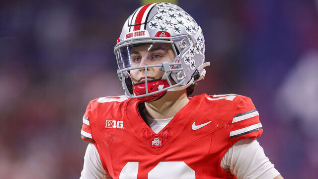 INDIANAPOLIS, INDIANA - DECEMBER 6: Julian Sayin #10 of the Ohio State Buckeyes warms up at halftime against the Indiana Hoosiers in the 2025 Big Ten Championship game at Lucas Oil Stadium on December 6, 2025 in Indianapolis, Indiana.