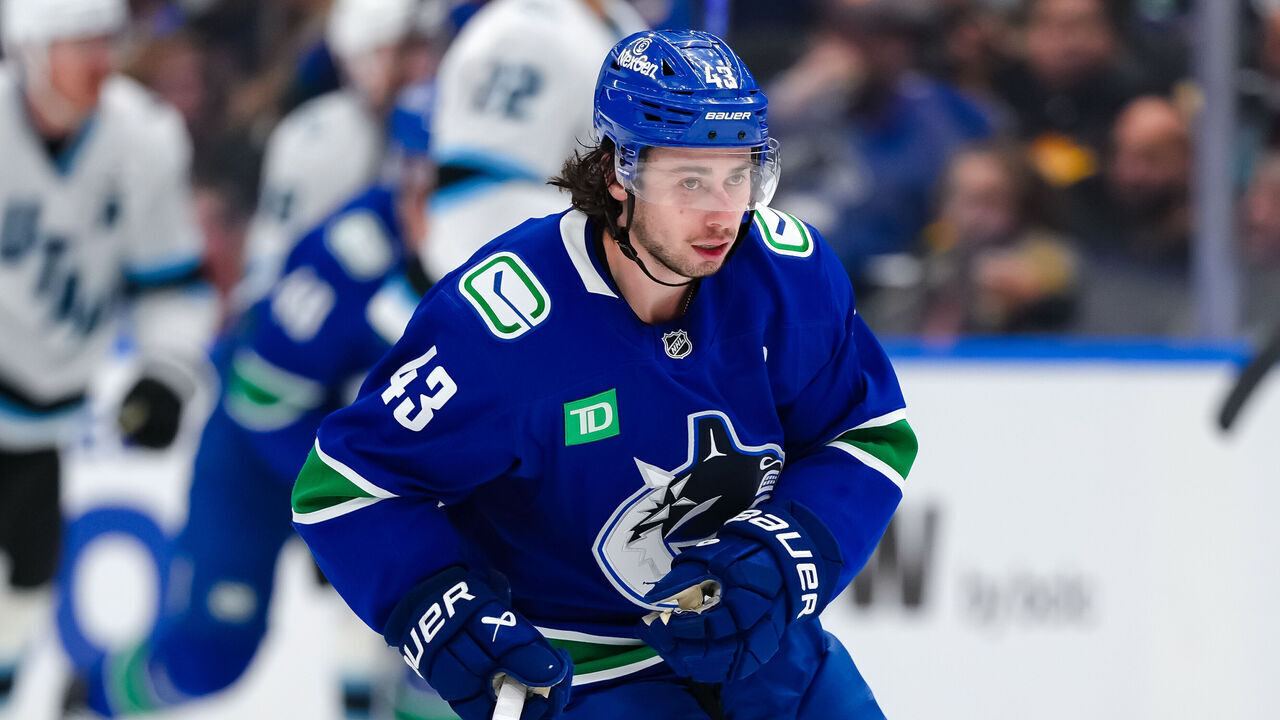 VANCOUVER, CANADA - DECEMBER 5: Quinn Hughes #43 of the Vancouver Canucks skates during the third period of their NHL game against the Utah Mammoth at Rogers Arena on December 5, 2025 in Vancouver, British Columbia, Canada.