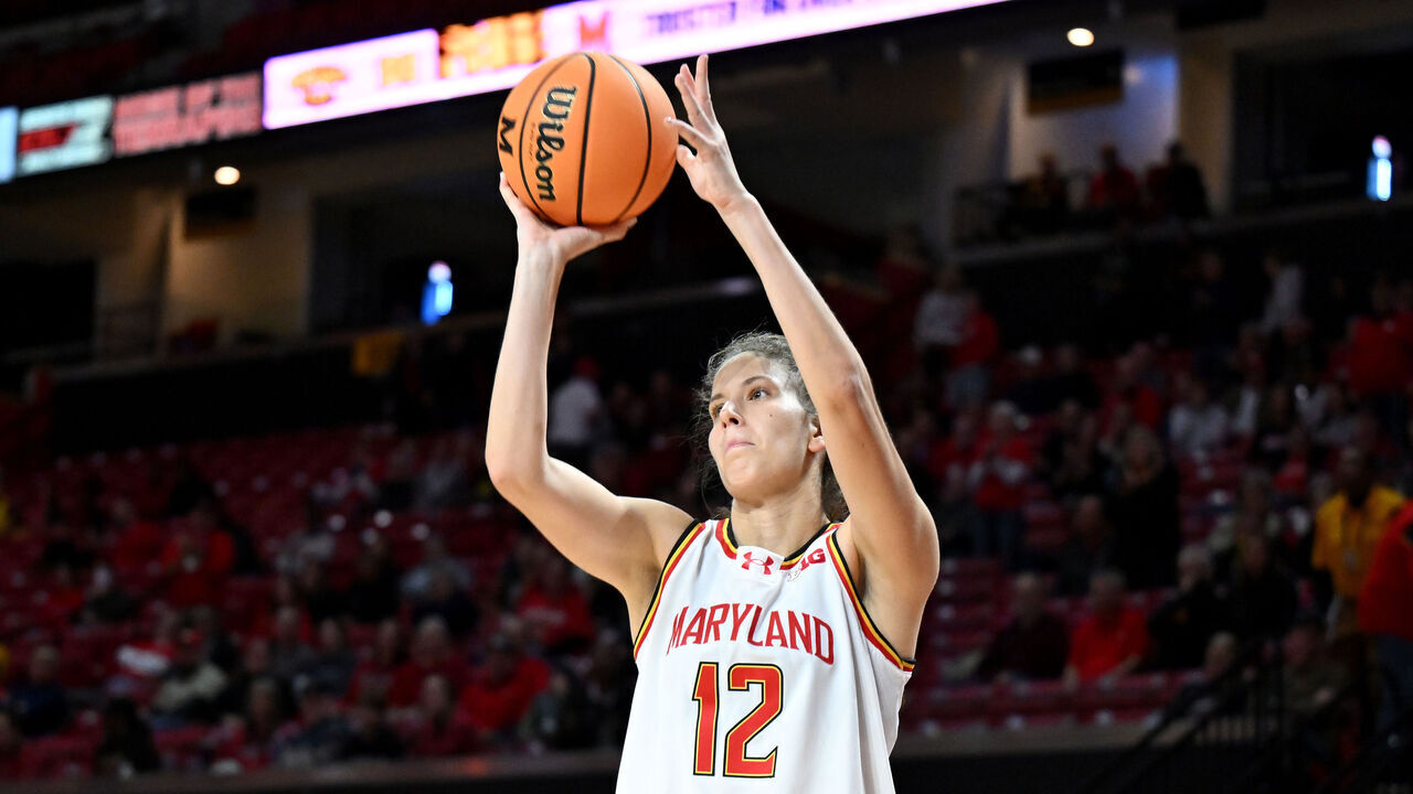 COLLEGE PARK, MARYLAND - NOVEMBER 16: Yarden Garzon #12 of the Maryland Terrapins shoots the ball in the fourth quarter against the Princeton Tigers at Xfinity Center on November 16, 2025 in College Park, Maryland.