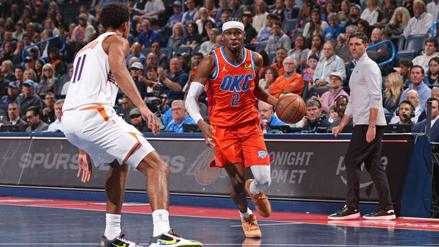 OKLAHOMA CITY, OK - DECEMBER 10: Shai Gilgeous-Alexander #2 of the Oklahoma City Thunder dribbles the ball during the game against the Phoenix Suns during 2025-26 Emirates NBA Cup Quarterfinals on December 10, 2025 at Paycom Center in Oklahoma City, Oklahoma. Mandatory Copyright Notice: Copyright 2025 NBAE