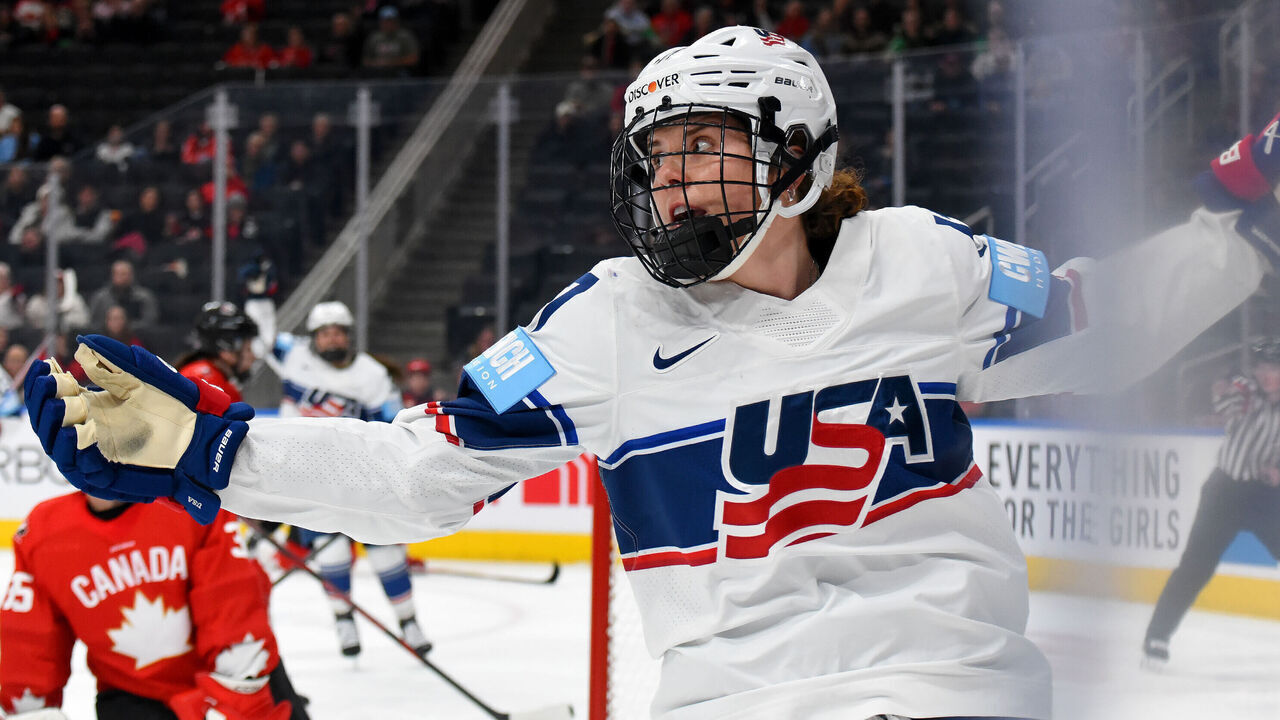 EDMONTON, CANADA - DECEMBER 10: Britta Curl-Salemme #17 of Team USA celebrates a second-period goal against Team Canada during Game One of the 2025 Rivalry Series at Rogers Place on December 10, 2025, in Edmonton, Alberta, Canada.