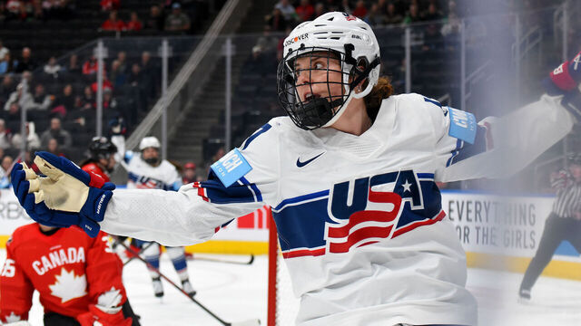 EDMONTON, CANADA - DECEMBER 10: Britta Curl-Salemme #17 of Team USA celebrates a second-period goal against Team Canada during Game One of the 2025 Rivalry Series at Rogers Place on December 10, 2025, in Edmonton, Alberta, Canada.
