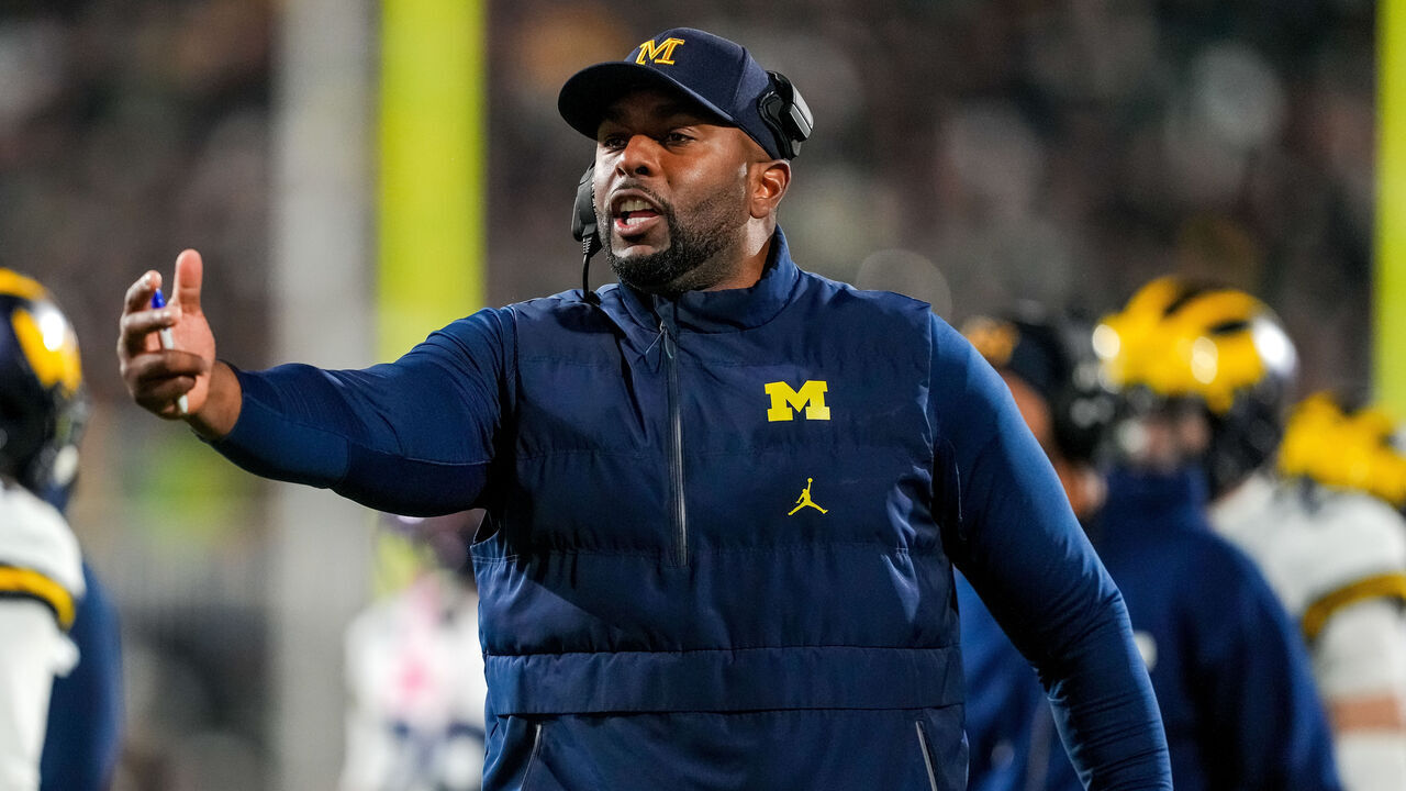 EAST LANSING, MICHIGAN - OCTOBER 25: Sherrone Moore head coach of the Michigan Wolverines reacts against the Michigan State Spartans during the second quarter at Spartan Stadium on October 25, 2025 in East Lansing, Michigan.