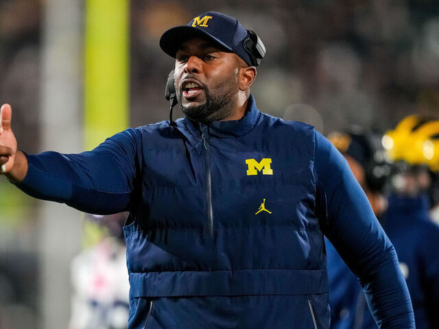 EAST LANSING, MICHIGAN - OCTOBER 25: Sherrone Moore head coach of the Michigan Wolverines reacts against the Michigan State Spartans during the second quarter at Spartan Stadium on October 25, 2025 in East Lansing, Michigan.