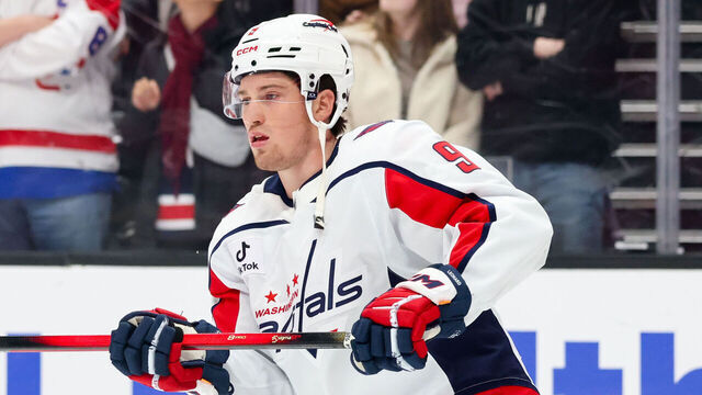 ANAHEIM, CA - DECEMBER 5: Ryan Leonard #9 of the Washington Capitals skates on the ice during warm ups prior to the game against the Anaheim Ducks at Honda Center on December 5, 2025 in Anaheim, California.