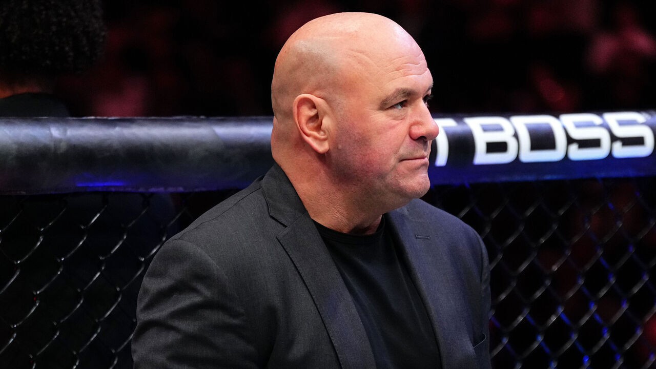 NEW YORK, NEW YORK - NOVEMBER 15: UFC President and CEO Dana White holds the championship belt in the Octagon during the UFC 322 event at Madison Square Garden on November 15, 2025 in New York City.