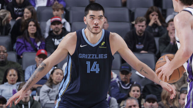 SACRAMENTO, CA - NOVEMBER 30: Zach Edey #14 of the Memphis Grizzlies plays defense during the game against the Sacramento Kings on November 30, 2025 at Golden 1 Center in Sacramento, California. NOTE TO USER: User expressly acknowledges and agrees that, by downloading and or using this photograph, User is consenting to the terms and conditions of the Getty Images Agreement. Mandatory Copyright Notice: Copyright 2025 NBAE