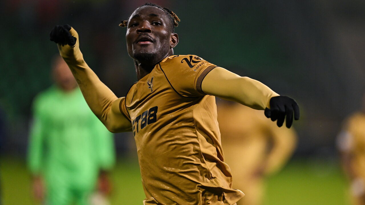 Dublin , Ireland - 11 December 2025; Christantus Uche of Crystal Palace celebrates after the UEFA Conference League 2025/26 league phase match between Shelbourne and Crystal Palace at Tallaght Stadium in Dublin.