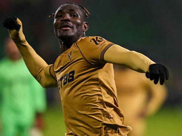 Dublin , Ireland - 11 December 2025; Christantus Uche of Crystal Palace celebrates after the UEFA Conference League 2025/26 league phase match between Shelbourne and Crystal Palace at Tallaght Stadium in Dublin.