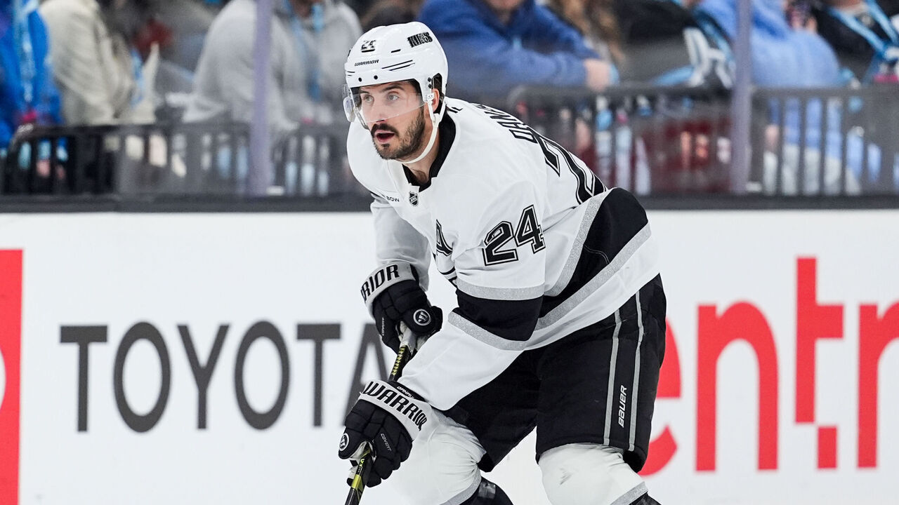 SALT LAKE CITY, UTAH - DECEMBER 8: Phillip Danault #24 of the Los Angeles Kings skates with the puck during the second period against the Utah Mammoth at Delta Center on December 8, 2025 in Salt Lake City, Utah.