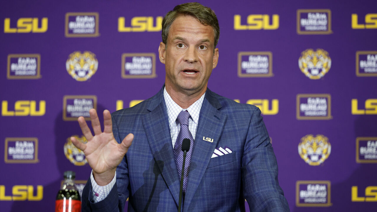 BATON ROUGE, LOUISIANA - DECEMBER 01: Lane Kiffin speaks at a press conference as he is introduced as the new head football coach of the LSU Tigers at Tiger Stadium on December 01, 2025 in Baton Rouge, Louisiana.