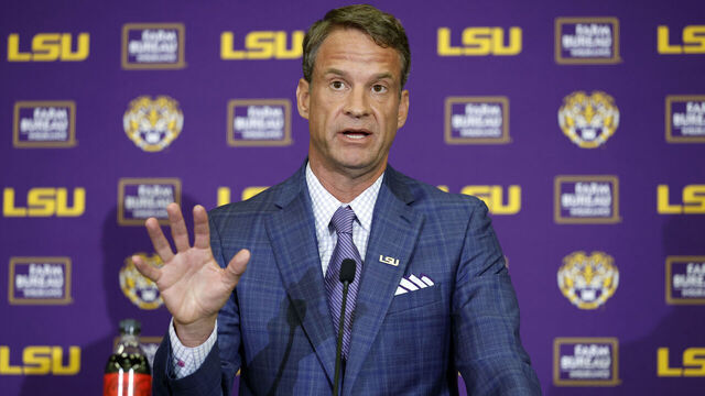BATON ROUGE, LOUISIANA - DECEMBER 01: Lane Kiffin speaks at a press conference as he is introduced as the new head football coach of the LSU Tigers at Tiger Stadium on December 01, 2025 in Baton Rouge, Louisiana.