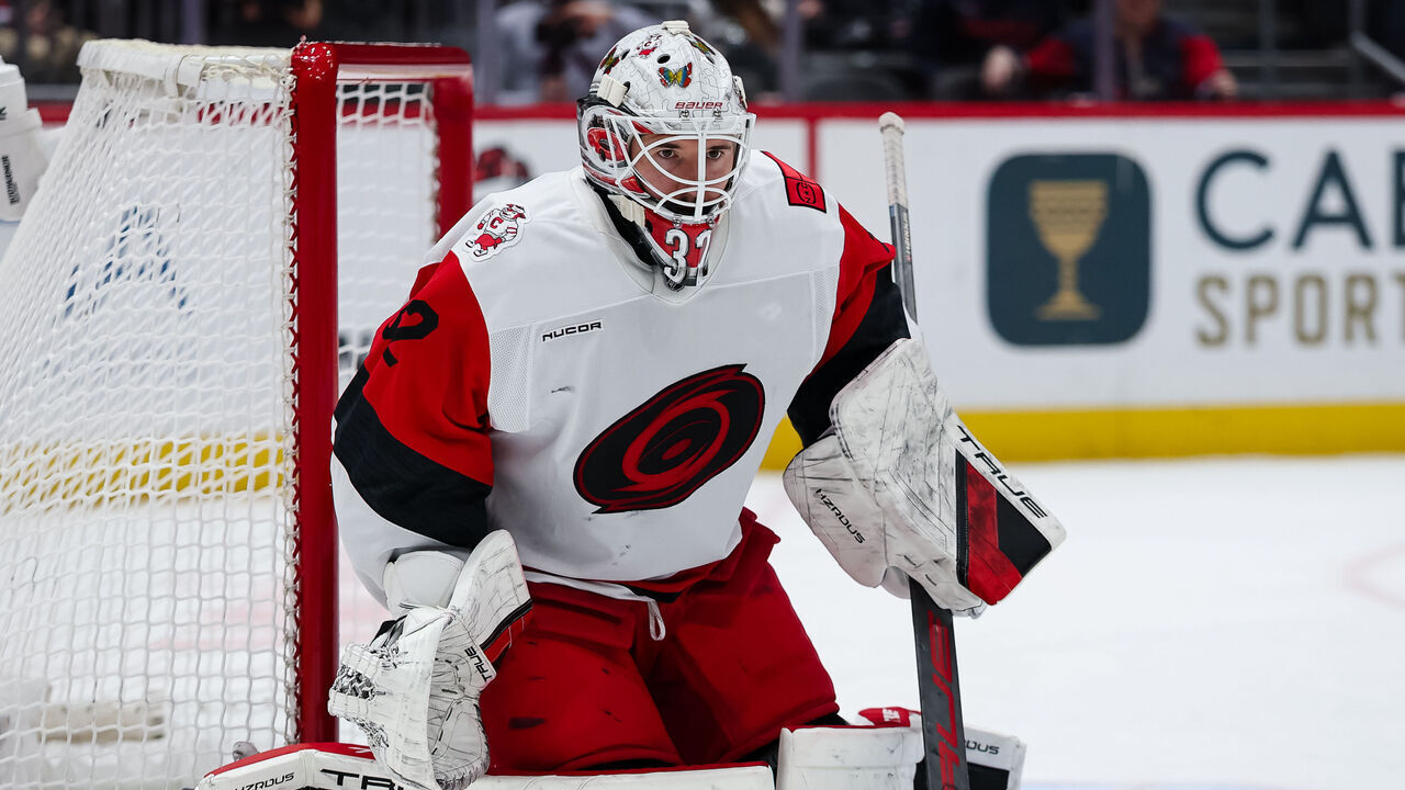 WASHINGTON, DC - DECEMBER 11: Brandon Bussi #32 of the Carolina Hurricanes tends net against the Washington Capitals during the second period of the game at Capital One Arena on December 11, 2025 in Washington, DC.