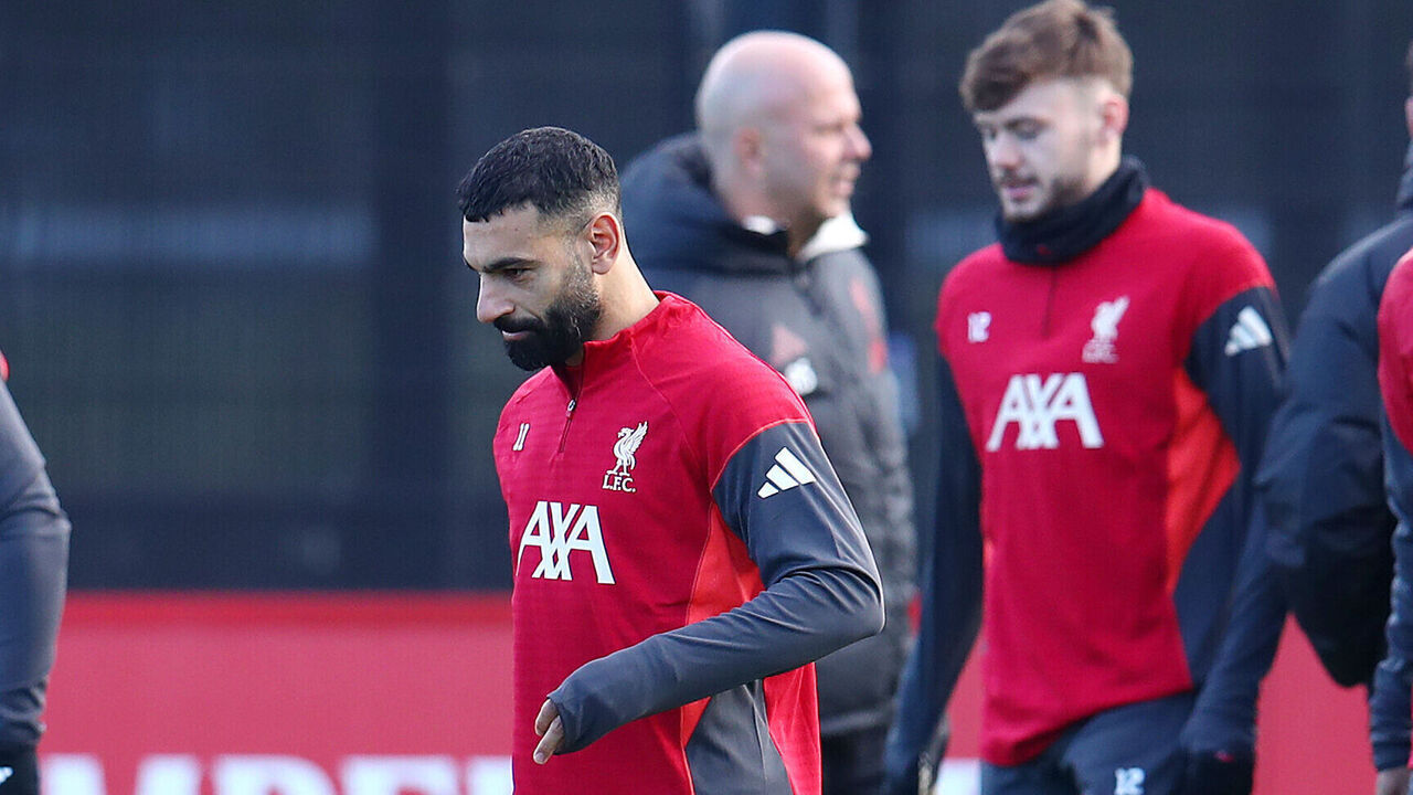 Liverpool's Mohamed Salah and manager Arne Slot during a training session earlier today at AXA Training Centre, Liverpool. The Egypt international has been left out of Liverpool's squad for Tuesday's Champions League game at Inter Milan, the Premier League club have announced. Picture date: Monday December 8, 2025.