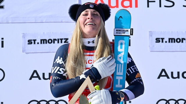 ST MORITZ, SWITZERLAND - DECEMBER 12: Lindsey Vonn of Team United States takes 1st place during the Audi FIS Alpine Ski World Cup Women's Downhill on December 12, 2025 in St Moritz, Switzerland.
