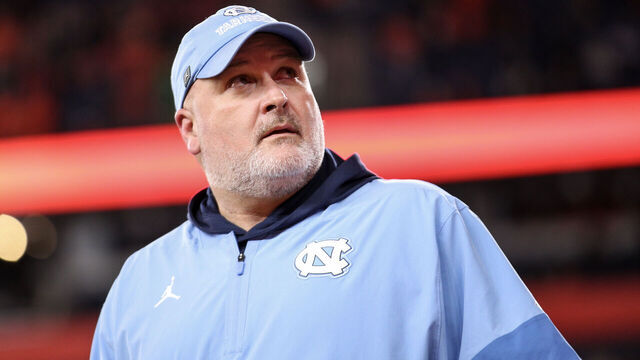 SYRACUSE, NEW YORK - OCTOBER 31: Offensive Coordinator Will Friend of the North Carolina Tar Heels looks on during a game against the Syracuse Orange at JMA Wireless Dome on October 31, 2025 in Syracuse, New York.