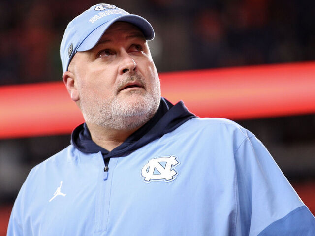 SYRACUSE, NEW YORK - OCTOBER 31: Offensive Coordinator Will Friend of the North Carolina Tar Heels looks on during a game against the Syracuse Orange at JMA Wireless Dome on October 31, 2025 in Syracuse, New York.