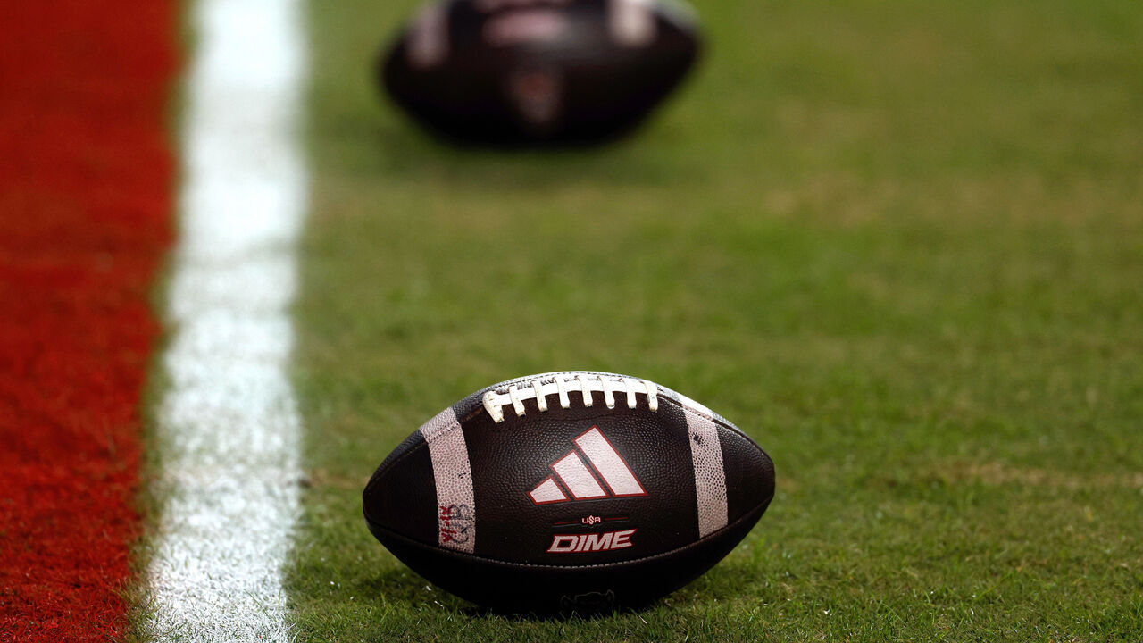 RALEIGH, NORTH CAROLINA - NOVEMBER 1: A detailed view of a football prior to the game between the Georgia Tech Yellow Jackets and the NC State Wolfpack at Carter-Finley Stadium on November 1, 2025 in Raleigh, North Carolina.