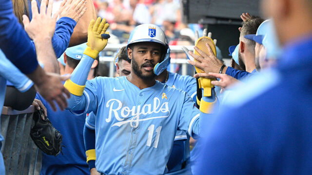 PHILADELPHIA, PA - SEPTEMBER 13: Kansas City Royals third base Maikel Garcia (11) celebrates in the dugout during the game between the Philadelphia Phillies and the Kansas City Royals on September 13th, 2025 at Citizens Bank Park in Philadelphia, PA.