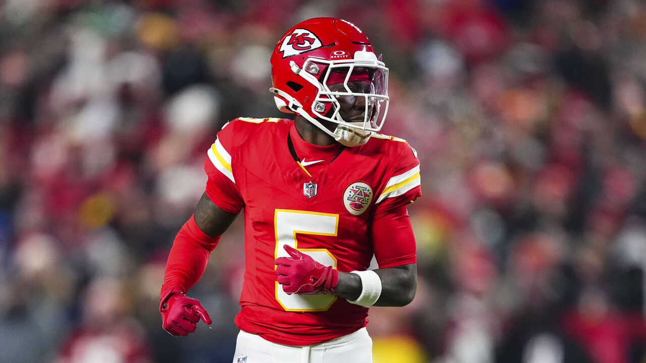 KANSAS CITY, MISSOURI - DECEMBER 07: Hollywood Brown #5 of the Kansas City Chiefs looks on from the field during an NFL football game against the Houston Texans at GEHA Field at Arrowhead Stadium on December 7, 2025 in Kansas City, Missouri.