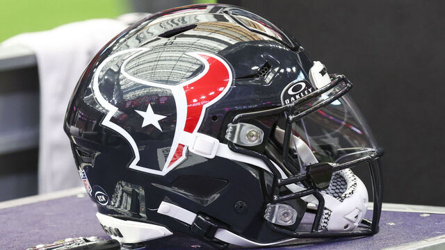 HOUSTON, TX - NOVEMBER 02: Houston Texans helmet on the home sideline during the NFL game between the Denver Broncos and Houston Texans on November 2, 2025 at NRG Stadium in Houston, Texas.