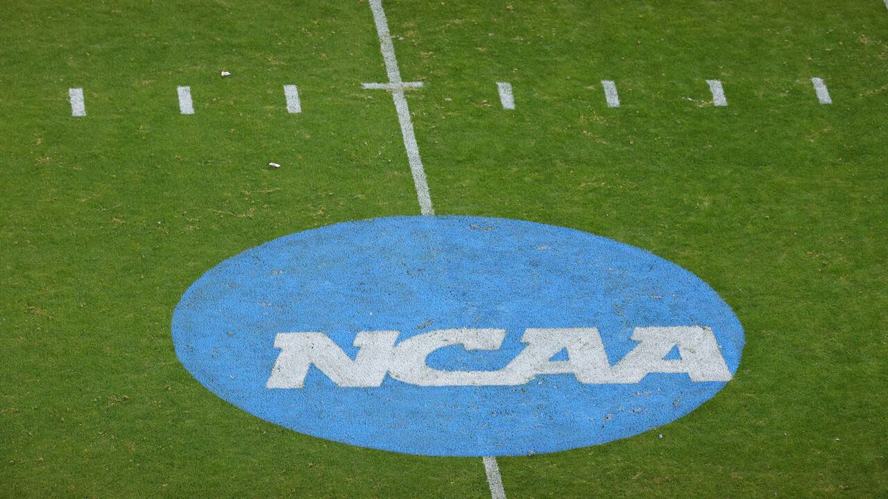 FRISCO, TEXAS - JANUARY 6: A NCAA logo is seen between the North Dakota State Bison and the Montana State Bobcats during the Division I FCS Football Championship held at Toyota Stadium on January 6, 2025 in Frisco, Texas.
