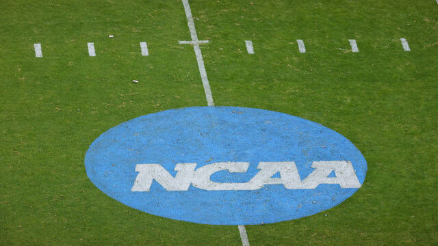FRISCO, TEXAS - JANUARY 6: A NCAA logo is seen between the North Dakota State Bison and the Montana State Bobcats during the Division I FCS Football Championship held at Toyota Stadium on January 6, 2025 in Frisco, Texas.