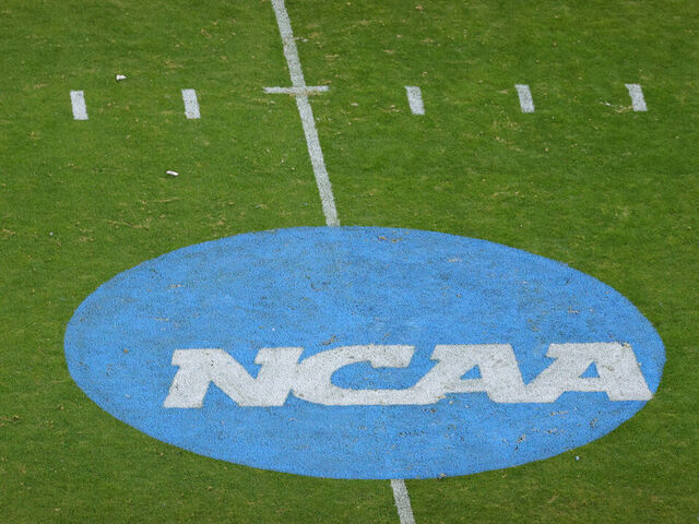 FRISCO, TEXAS - JANUARY 6: A NCAA logo is seen between the North Dakota State Bison and the Montana State Bobcats during the Division I FCS Football Championship held at Toyota Stadium on January 6, 2025 in Frisco, Texas.