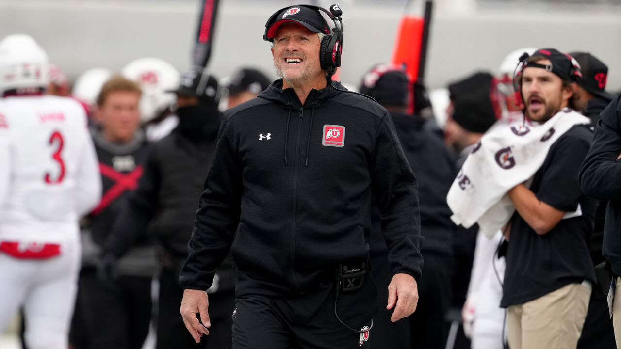 LAWRENCE, KANSAS - NOVEMBER 28: Head coach Kyle Whittingham of the Utah Utes watches his team against the Utah Utes in the first half at David Booth Kansas Memorial Stadium on November 28, 2025 in Lawrence, Kansas.
