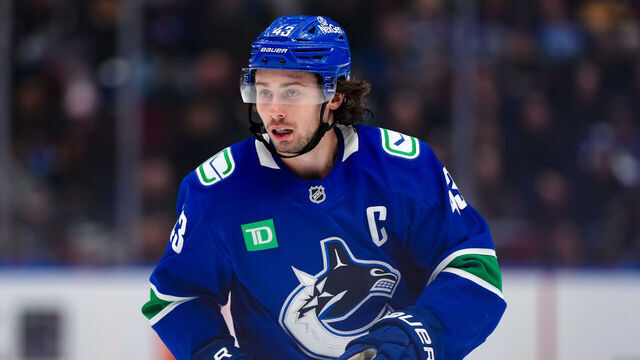 VANCOUVER, CANADA - DECEMBER 5: Quinn Hughes #43 of the Vancouver Canucks skates during the first period of their NHL game against the Utah Mammoth at Rogers Arena on December 5, 2025 in Vancouver, British Columbia, Canada.