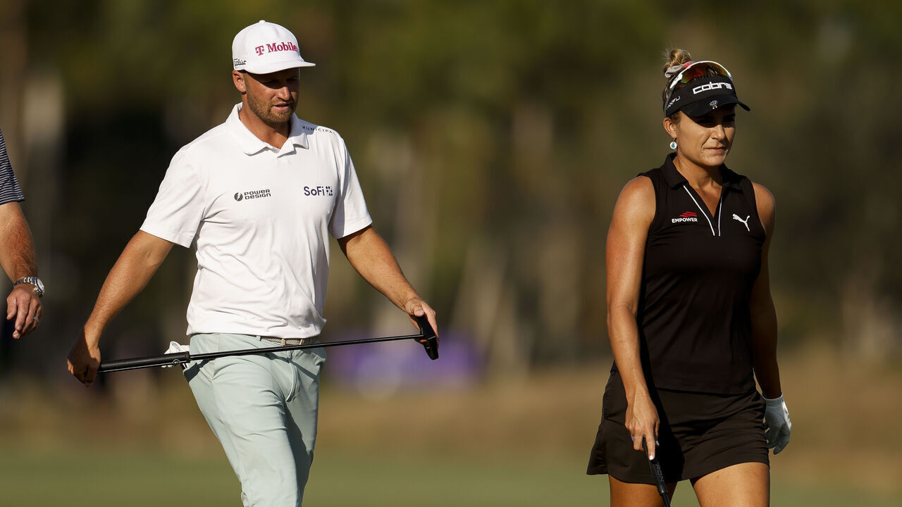 NAPLES, FLORIDA - DECEMBER 12: Teammates Wyndham Clark of the United States and Lexi Thompson of the United States walk the 18th hole during the first round of the Grant Thornton Invitational 2025 at Tiburon Golf Club on December 12, 2025 in Naples, Florida.
