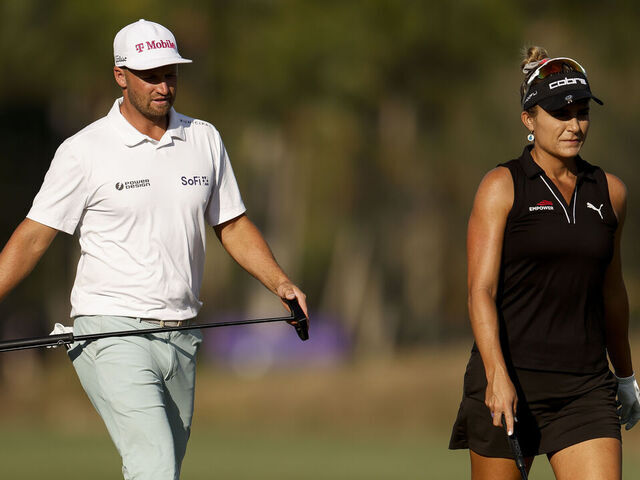 NAPLES, FLORIDA - DECEMBER 12: Teammates Wyndham Clark of the United States and Lexi Thompson of the United States walk the 18th hole during the first round of the Grant Thornton Invitational 2025 at Tiburon Golf Club on December 12, 2025 in Naples, Florida.