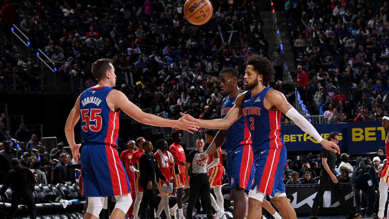 DETROIT, MI - DECEMBER 12: Duncan Robinson #55 and Cade Cunningham #2 of the Detroit Pistons high five during the game against the Atlanta Hawks on December 12, 2025 at Little Caesars Arena in Detroit, Michigan. NOTE TO USER: User expressly acknowledges and agrees that, by downloading and/or using this photograph, User is consenting to the terms and conditions of the Getty Images License Agreement. Mandatory Copyright Notice: Copyright 2025 NBAE