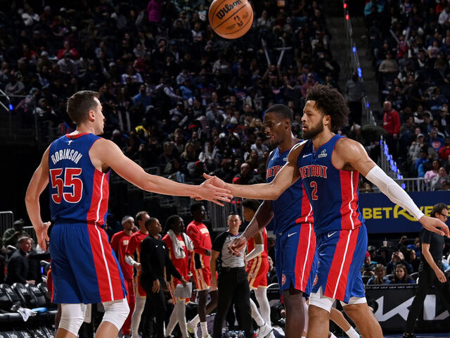 DETROIT, MI - DECEMBER 12: Duncan Robinson #55 and Cade Cunningham #2 of the Detroit Pistons high five during the game against the Atlanta Hawks on December 12, 2025 at Little Caesars Arena in Detroit, Michigan. NOTE TO USER: User expressly acknowledges and agrees that, by downloading and/or using this photograph, User is consenting to the terms and conditions of the Getty Images License Agreement. Mandatory Copyright Notice: Copyright 2025 NBAE