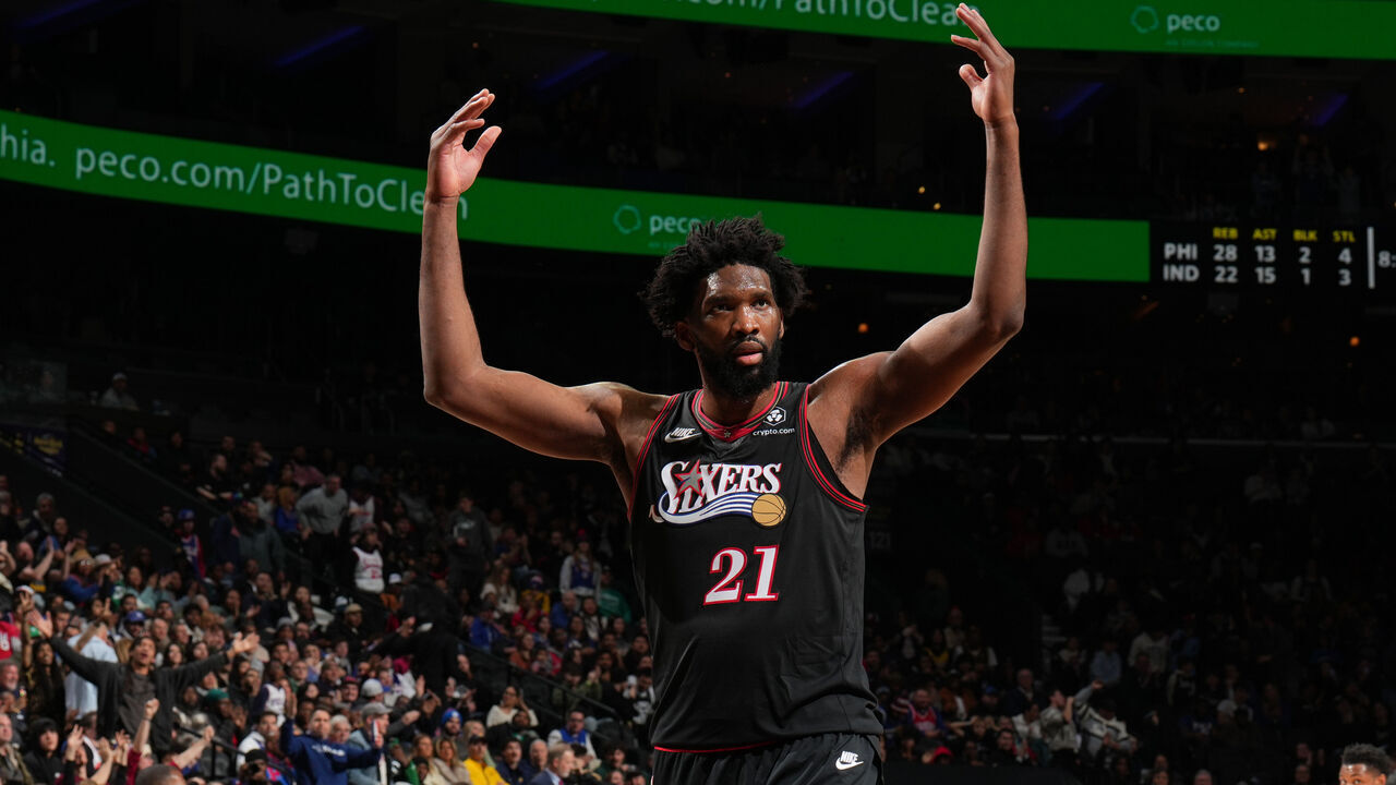 PHILADELPHIA, PA - DECEMBER 12: Joel Embiid #21 of the Philadelphia 76ers celebrates during the game against the Indiana Pacers on December 12, 2025 at the Wells Fargo Center in Philadelphia, Pennsylvania NOTE TO USER: User expressly acknowledges and agrees that, by downloading and/or using this Photograph, user is consenting to the terms and conditions of the Getty Images License Agreement. Mandatory Copyright Notice: Copyright 2025 NBAE