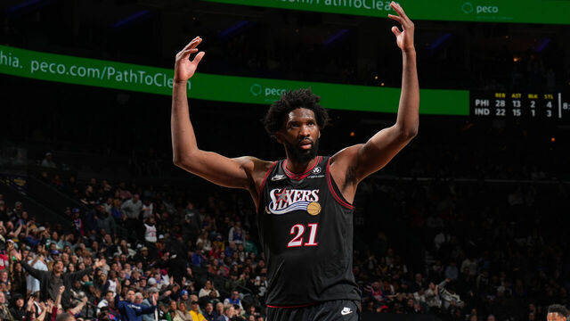 PHILADELPHIA, PA - DECEMBER 12: Joel Embiid #21 of the Philadelphia 76ers celebrates during the game against the Indiana Pacers on December 12, 2025 at the Wells Fargo Center in Philadelphia, Pennsylvania NOTE TO USER: User expressly acknowledges and agrees that, by downloading and/or using this Photograph, user is consenting to the terms and conditions of the Getty Images License Agreement. Mandatory Copyright Notice: Copyright 2025 NBAE