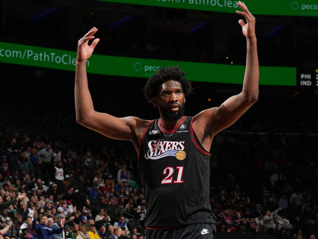PHILADELPHIA, PA - DECEMBER 12: Joel Embiid #21 of the Philadelphia 76ers celebrates during the game against the Indiana Pacers on December 12, 2025 at the Wells Fargo Center in Philadelphia, Pennsylvania NOTE TO USER: User expressly acknowledges and agrees that, by downloading and/or using this Photograph, user is consenting to the terms and conditions of the Getty Images License Agreement. Mandatory Copyright Notice: Copyright 2025 NBAE