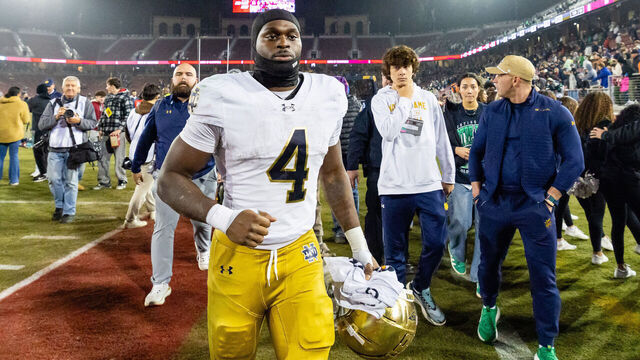 PALO ALTO, CA - NOVEMBER 29: Jeremiyah Love #4 of the Notre Dame Fighting Irish heads off the field after a win against the Stanford Cardinal in a game on November 30, 2025 at Stanford Stadium in Palo Alto, CA.