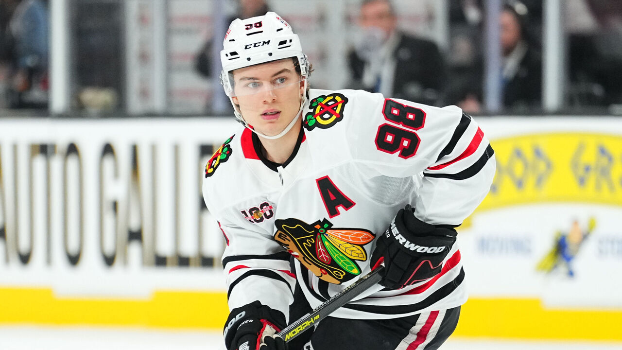 LAS VEGAS, NEVADA - DECEMBER 02: Connor Bedard #98 of the Chicago Blackhawks skates during overtime against the Vegas Golden Knights at T-Mobile Arena on December 02, 2025 in Las Vegas, Nevada.