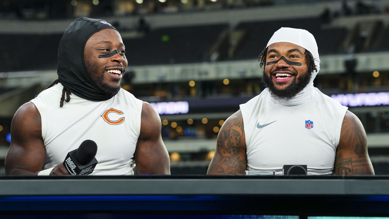 PHILADELPHIA, PA - NOVEMBER 28: Kyle Monangai #25 of the Chicago Bears and D'Andre Swift #4 of the Chicago Bears visit on set of the NFL on Prime post show after an NFL football game against the Philadelphia Eagles at Lincoln Financial Field on November 28, 2025 in Philadelphia, Pennsylvania.