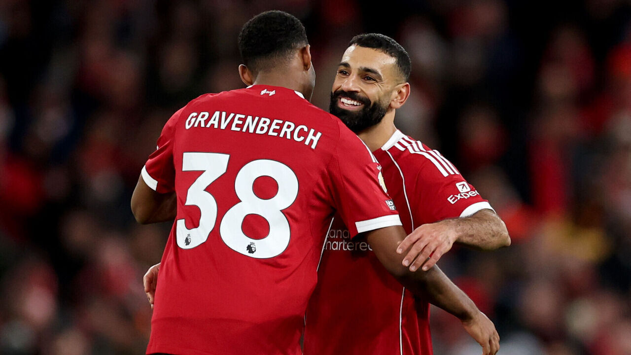 LIVERPOOL, ENGLAND - DECEMBER 13: Mohamed Salah and Ryan Gravenberch of Liverpool celebrate after the Premier League match between Liverpool and Brighton & Hove Albion at Anfield on December 13, 2025 in Liverpool, England.