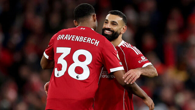 LIVERPOOL, ENGLAND - DECEMBER 13: Mohamed Salah and Ryan Gravenberch of Liverpool celebrate after the Premier League match between Liverpool and Brighton & Hove Albion at Anfield on December 13, 2025 in Liverpool, England.