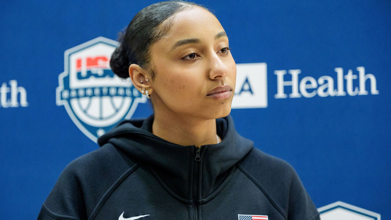 DURHAM, NORTH CAROLINA - DECEMBER 12: JuJu Watkins addresses the media during the United States Women's Basketball Team training camp at Duke University on December 12, 2025 in Durham, North Carolina.